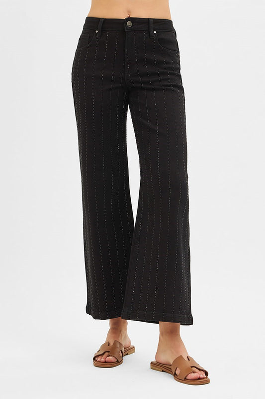 High Rise Crop Wide Rhinestone Pants